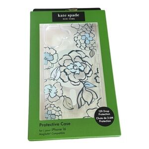 Kate Spade iPhone 16 Blue Navy Floral Silver Clear MagSafe Phone Case
